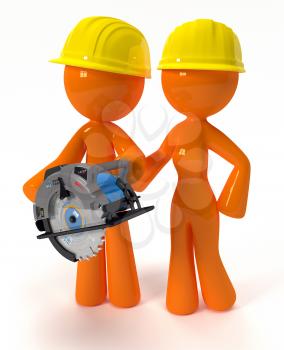 Royalty Free Clipart Image of a Couple of Orange Men Workers