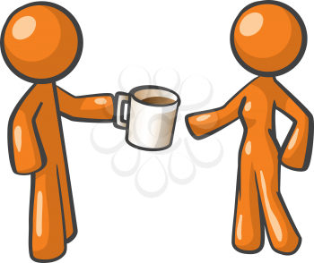Orange Man offering coffee to woman. Woman is uncertain, but a cup of coffee is never a bad idea.