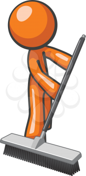 Orange man sweeping and pushing a broom.