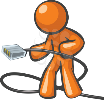 Orange Man plugging in a network cable ready to be on high speed internet or connection.