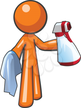 Orange man with a sanitation spray bottle and cloth, ready to work.