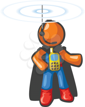 Orange Man communications hero, with phone on his chest and antennae on his head. He's in touch and ready to save the day from a safe distance.