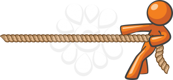 Orange Man tugging a rope, tug of war concept, winning against all odds.