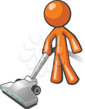 Orange man vacuuming and cleaning house.