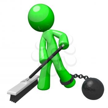 Green man with a ball and chain sweeping the floor. Denotes slavery, blue collar servitude, or some undesirable form of hard labor. 