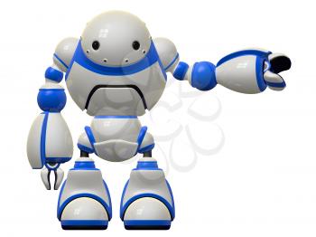Large robot character who depicts computer software and security, pointing to the side.