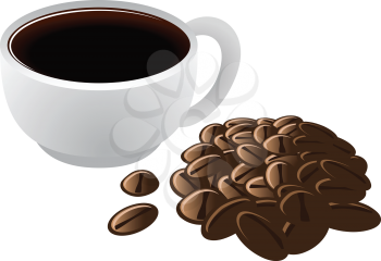 Royalty Free Clipart Image of Coffee Beans and a Cup of Coffee