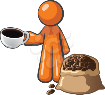 Royalty Free Clipart Image of a Man With a Cup of Coffee and Beans