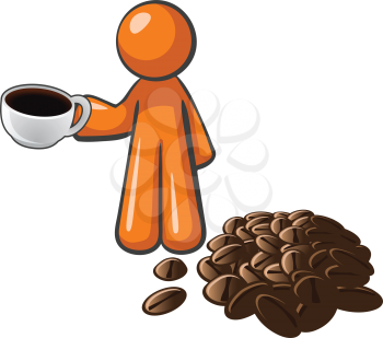 Royalty Free Clipart Image of a Man Beside Coffee Beans Holding a Cup of Coffee