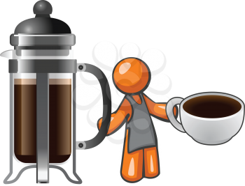Royalty Free Clipart Image of a Barista With a Coffee Press and a Coffee