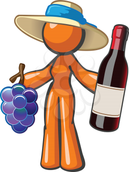 Royalty Free Clipart Image of a Woman Holding Grapes and a Wine Bottle