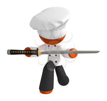 Orange Man chef bowing presenting ninja sword as trophy in a food competition. 