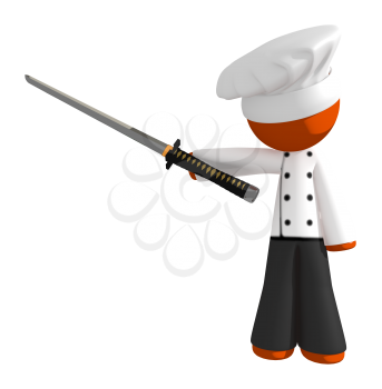 Orange Man Chef Pointing with Ninja Sword