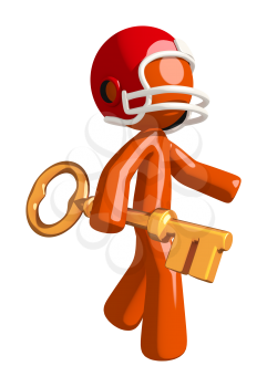 Football player orange man holding giant key walking