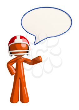 Football player orange man player announcer with word bubble.