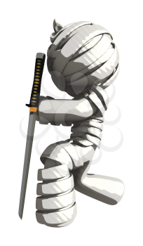 Mummy or Personal Injury Concept Kneeling Respectfully with Ninja Sword