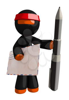 Orange Man Ninja Warrior with Giant Envelope and Pen