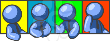 An array of blue men with a background of Yellow, Blue, Green, and Red. Can be used for anything!