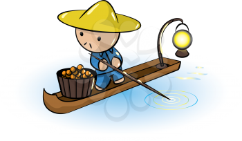 An Asian vendor man transporting fruit in a small boat. A traditional culture illustration. 