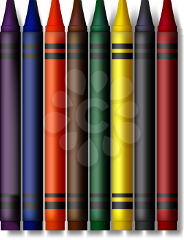 A set of crayons, realistic looking. Purple, blue, orange, brown, green, yellow, black, and red.