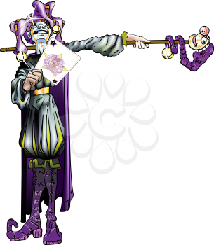 A vector illustration of a jester holding a joker card on a white background.