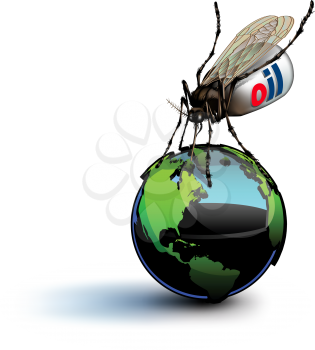 A vector illustration of a mosquito draining the oil from a globe, created as a concept in the over-use of earth's resources.