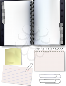 A vector illustration of a photorealistic stationary set including an organizer, yellow reminder, paper clips, and index cards.