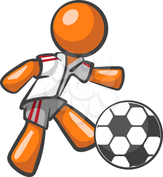 Orange Man playing soccer, kicking a soccer ball.