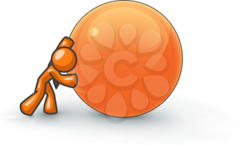 An orange man pushing a large ball, expending much effort.