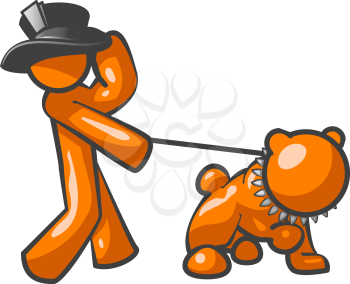 An orange man with a top hat walking a bulldog.
