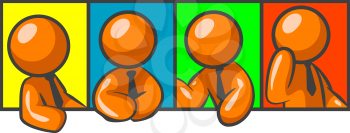 Orange men in a row looking social. Backgrounds of Yellow, Blue, Green, and Red.