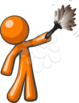 Orange man holding a feather duster, working to clean upkeep home.