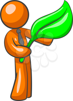 An orange man holding a large leaf. Good illustration for modern need to take care of the earth.