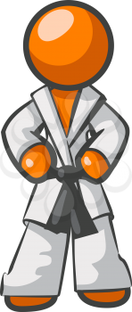 An orange man standing up straight ready for Karate action.