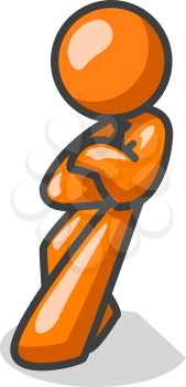 An orange man leaning back against an invisible barrier in a confident way.