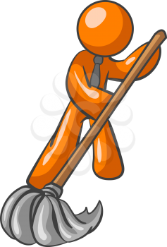 An orange man holding a mop and cleaning the floor.