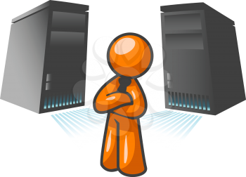 An orange man standing confident in front of two large computer servers.
