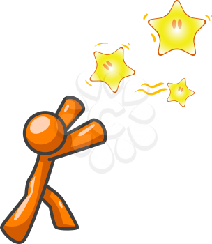 An orange man reaching for the stars while chasing them. Could be a concept in pursuing a goal.