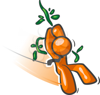An orange man swinging on a vine like a hero, with his necktie flapping in the wind.