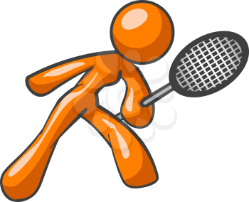 An orange woman with a tennis racket ready to play.