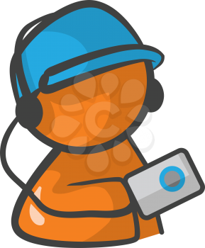 Orange person holding an ipod listening to music.