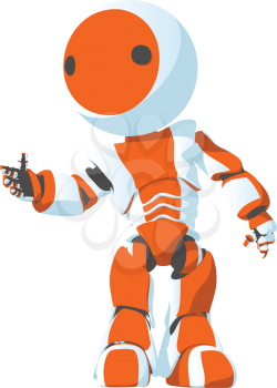 A bright orange cartoon robot posed in an inviting, attractive manner. 