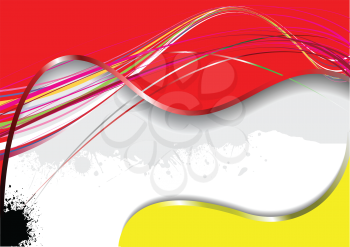 Royalty Free Clipart Image of an Abstract Red, White and Yellow Band Background With a Black Blob in the Bottom Corner