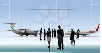 Royalty Free Clipart Image of Airplanes at an Airport