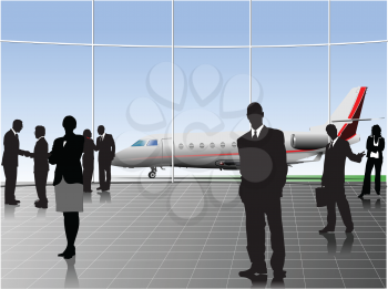 Royalty Free Clipart Image of Silhouettes at an Airport With the Plane in the Background