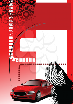 Royalty Free Clipart Image of an Urban Background With a Red Car in Front