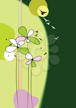 Royalty Free Clipart Image of a Flowers and Birds Background in Green