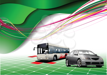 Royalty Free Clipart Image of a Bus and a Car