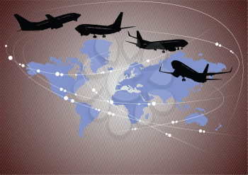 Royalty Free Clipart Image of Planes on a Background of the Earth