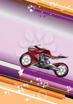Royalty Free Clipart Image of a Motorcycle on a Purple and Orange Background